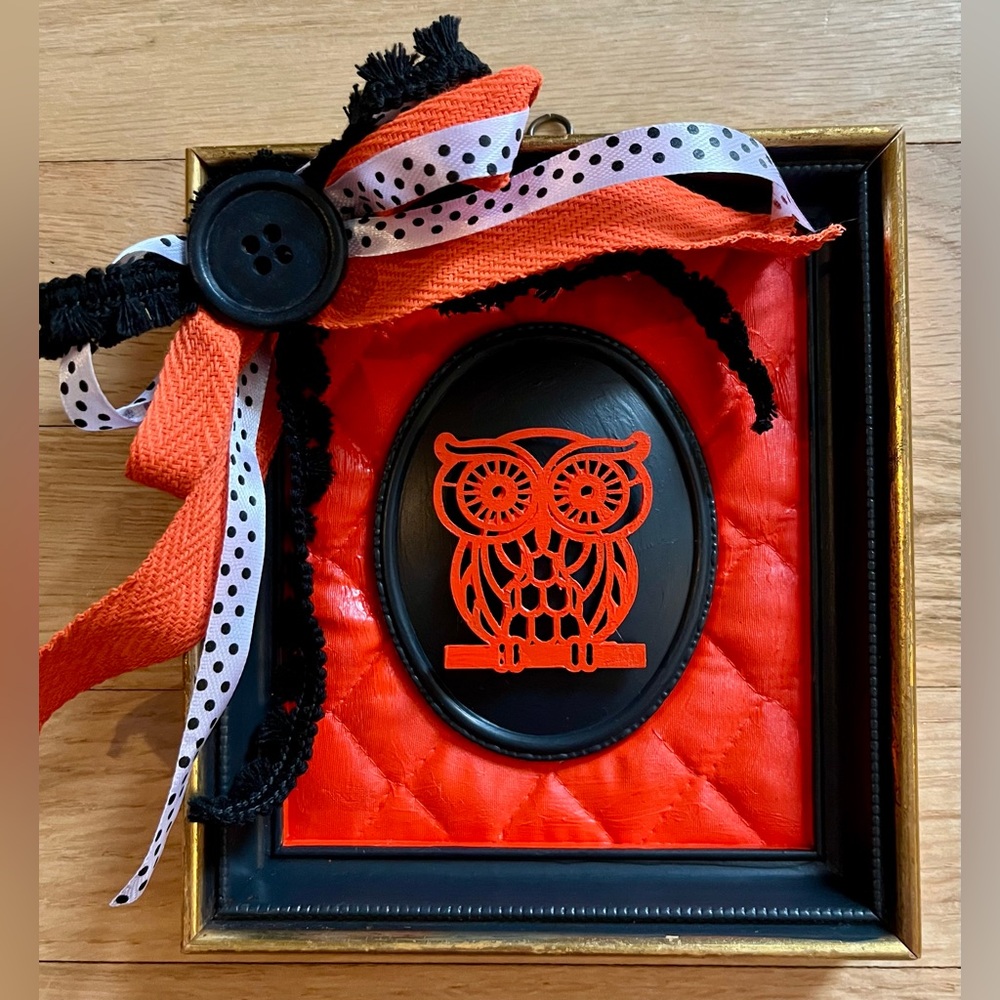 Handmade Framed Halloween Owl Wall Art with Ribbons Orange Black